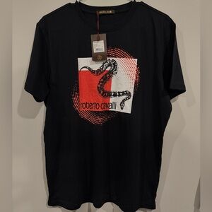 NWT Roberto Cavalli Black Tee with Red Snake Design Size L
